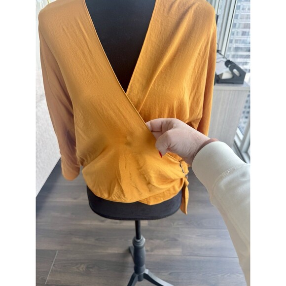 Express Mustard Yellow 3/4 Sleeve Silky Wrap Front Blouse Size Medium - Picture 2 of 6